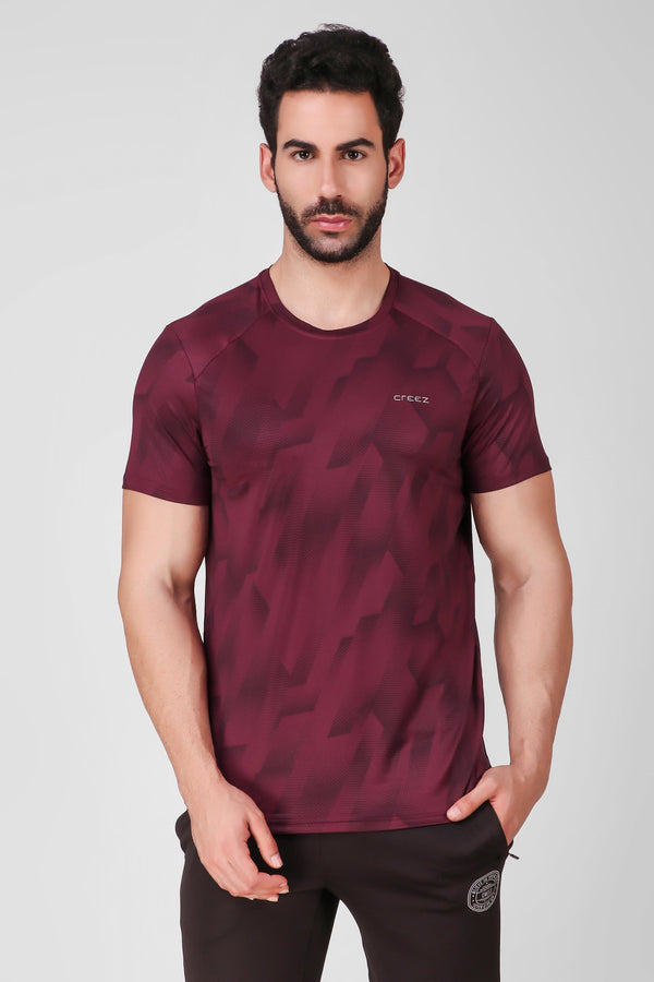 Creez Hustle Printed Stretchable Sports and Gym Burgundy Men's Tshirt Front 01