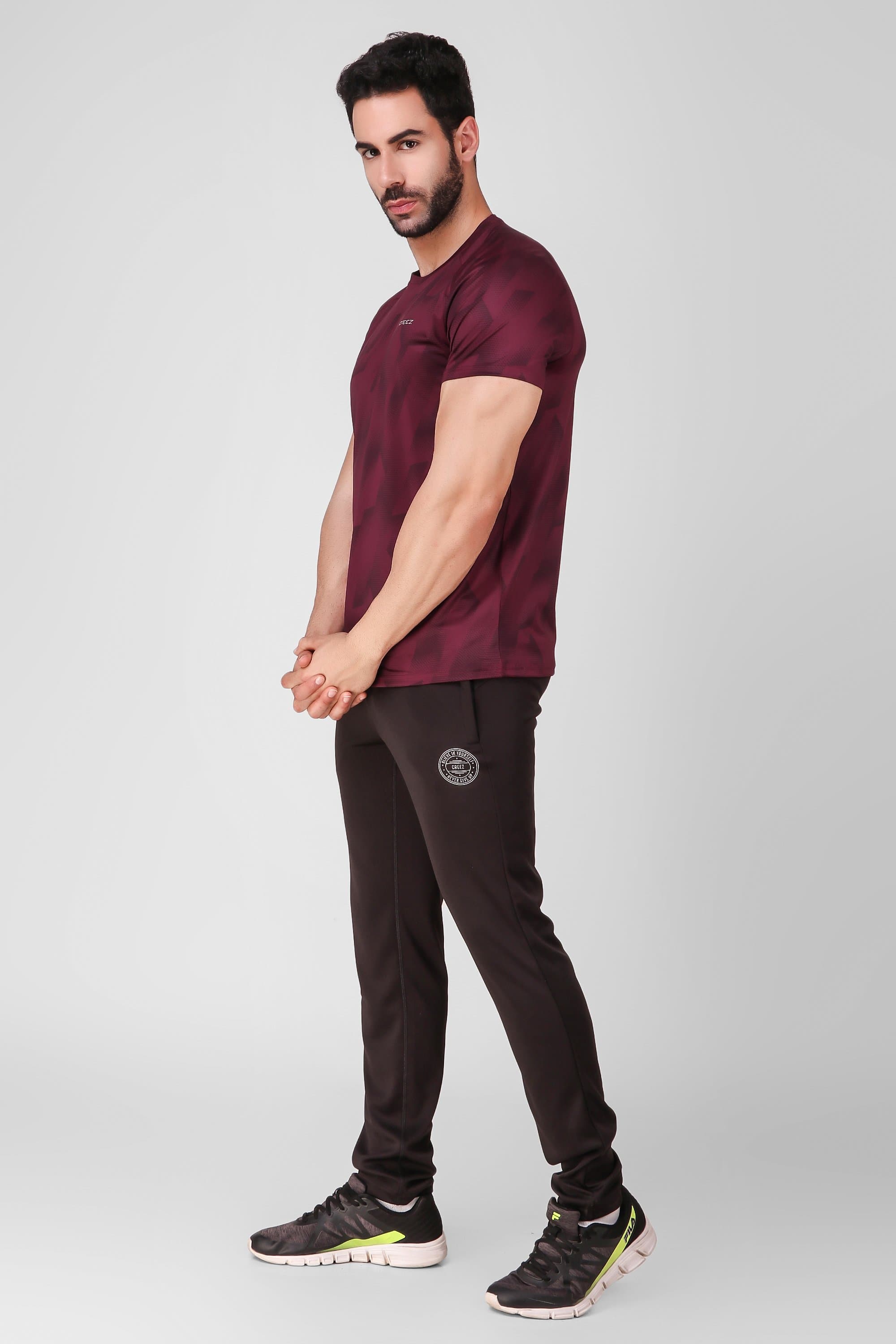 Creez Hustle Printed Stretchable Sports and Gym Dark Olive Men's Tshirt Full 01